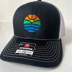Richardson 112 Black White Trucker Hat with Colorful Sunset Logo Unisex